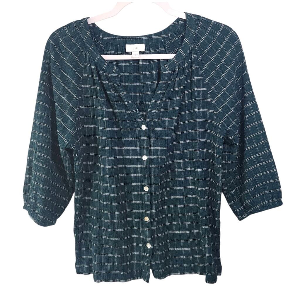 J Jill Blouse Green Plaid Button Front Relaxed Fit 3/4 Sleeve Top Womens Small - Picture 4 of 13